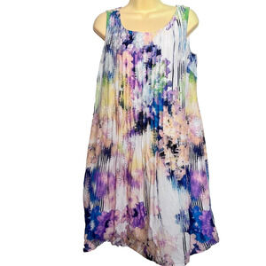 Ivy + Blue Shift Dress Womens Size Small Watercolor Florals Pintuck Pleats Lined